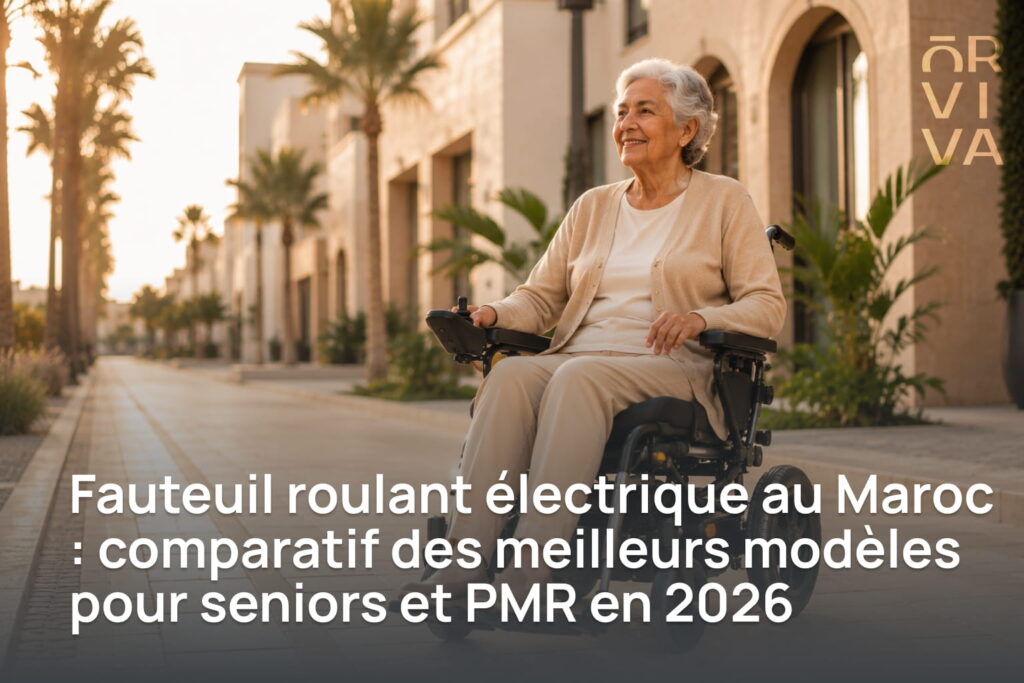 Personne âgée utilisant un fauteuil roulant électrique dans un environnement urbain sécurisé au Maroc