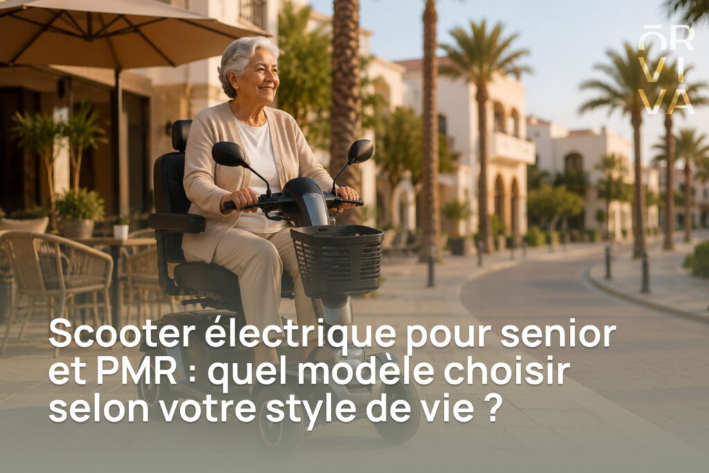 Senior utilisant un scooter électrique PMR pour retrouver son autonomie lors d'une sortie en extérieur