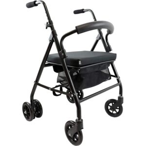 Déambulateur pour personnes âgées et adultes avec siège, 4 roues et frein à pression (noir / gris-noir) | KMINA | K10013 / K10014